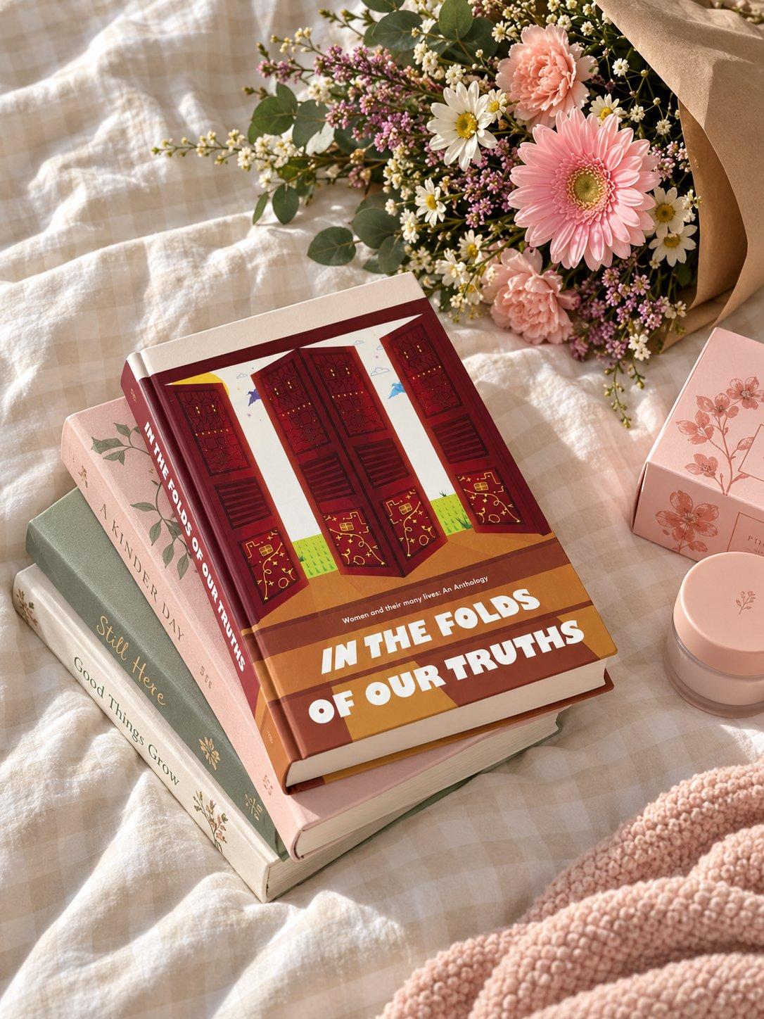 In the Folds of Our Truths, on a stack of books beside flowers
