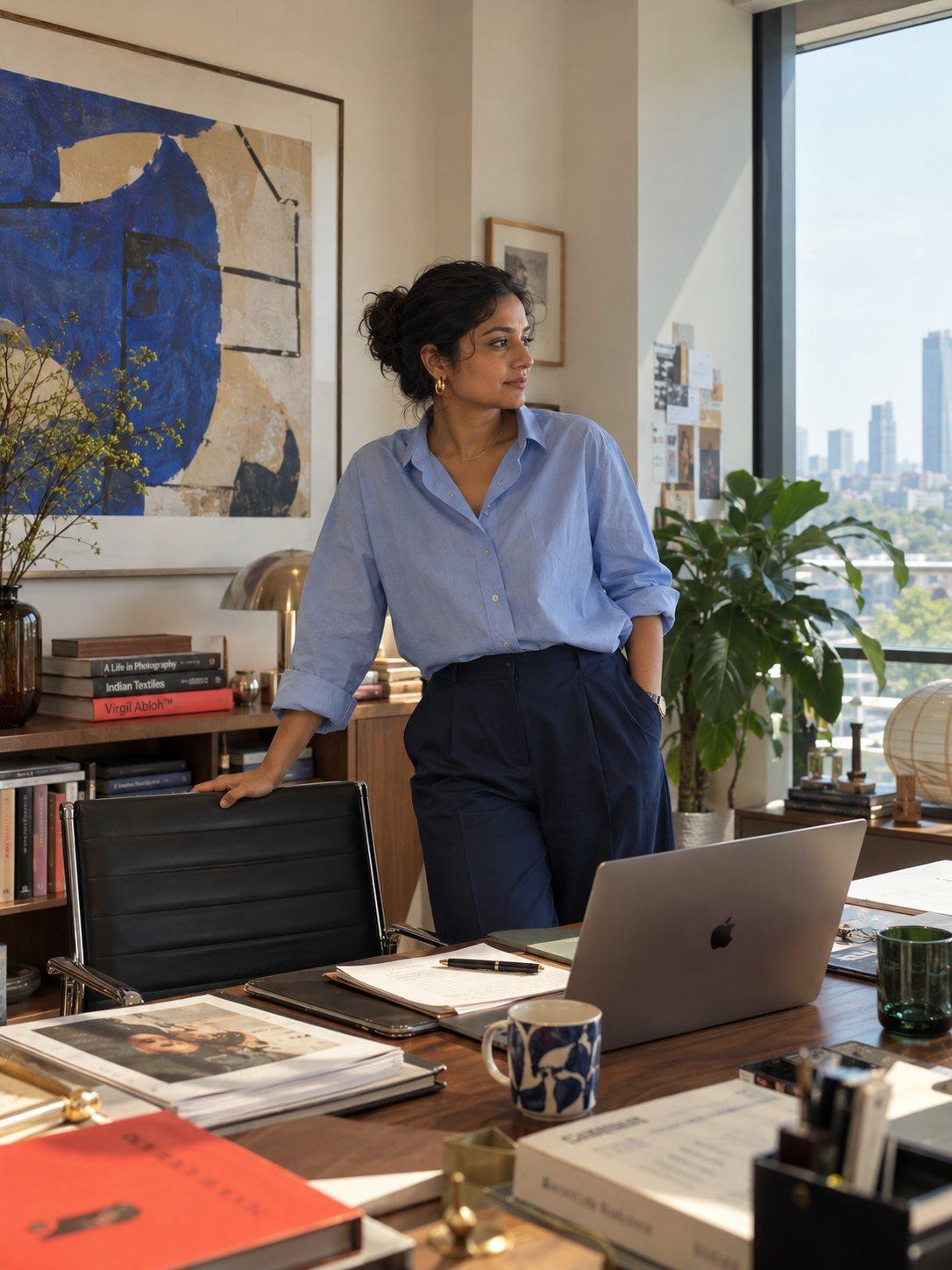 A founder leans on a chair in the office she built, looking out over the city.
