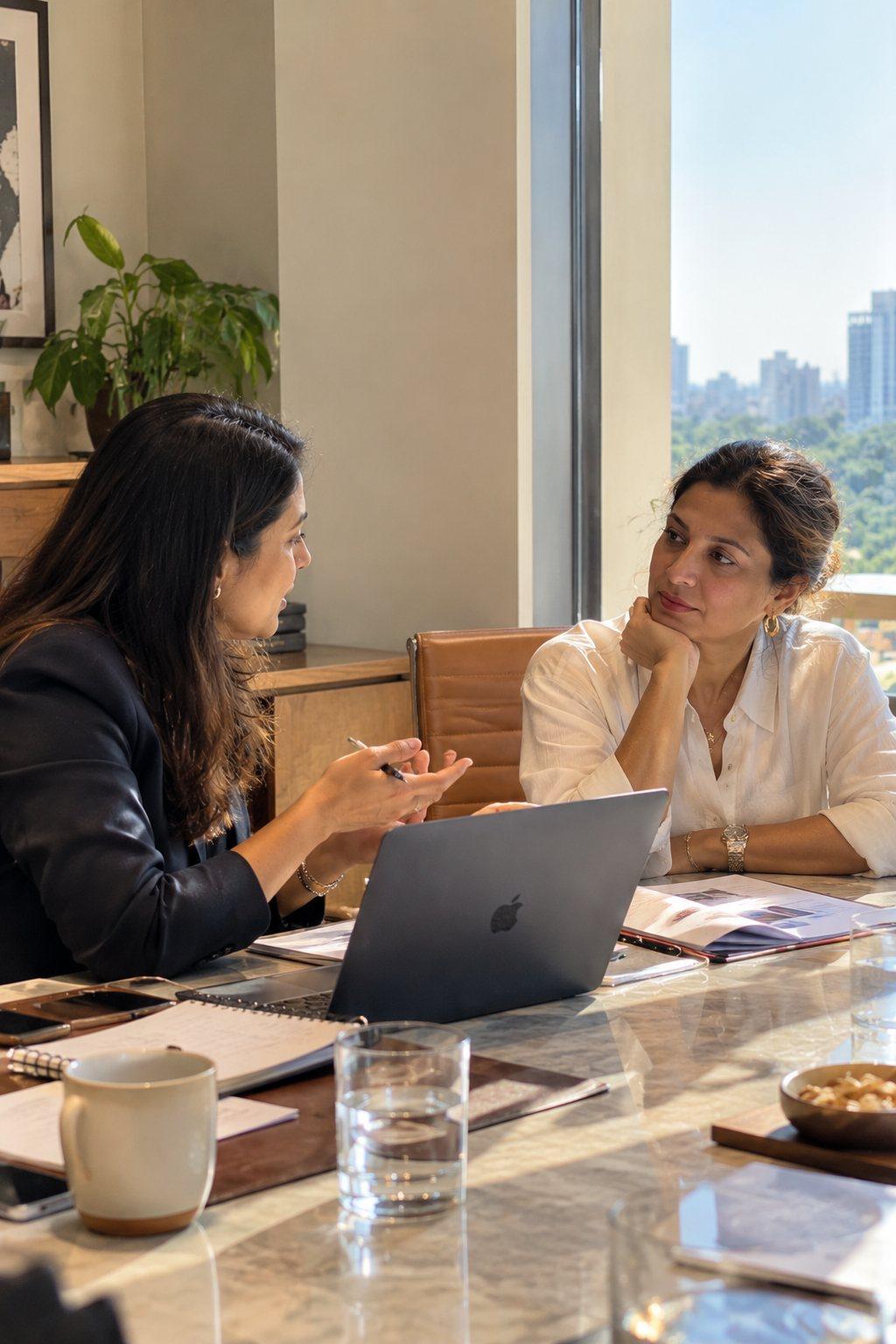 A woman listens closely as her adviser talks her through her portfolio across a sunlit table.