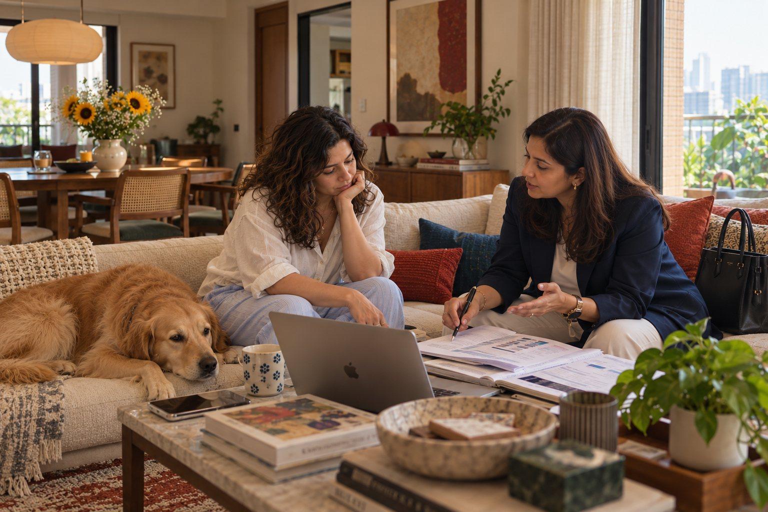At home on her sofa, a woman listens as her wealth adviser walks her through a plan.