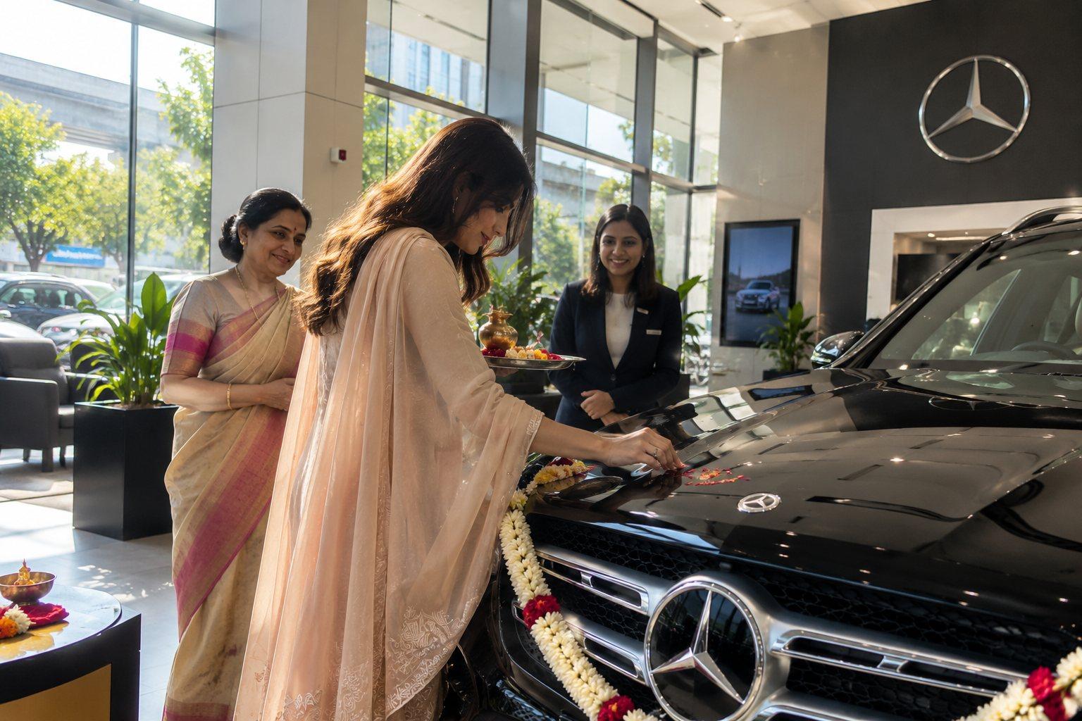 At the showroom, a woman scatters flower petals on the bonnet of the luxury car she has just bought, as her mother looks on.