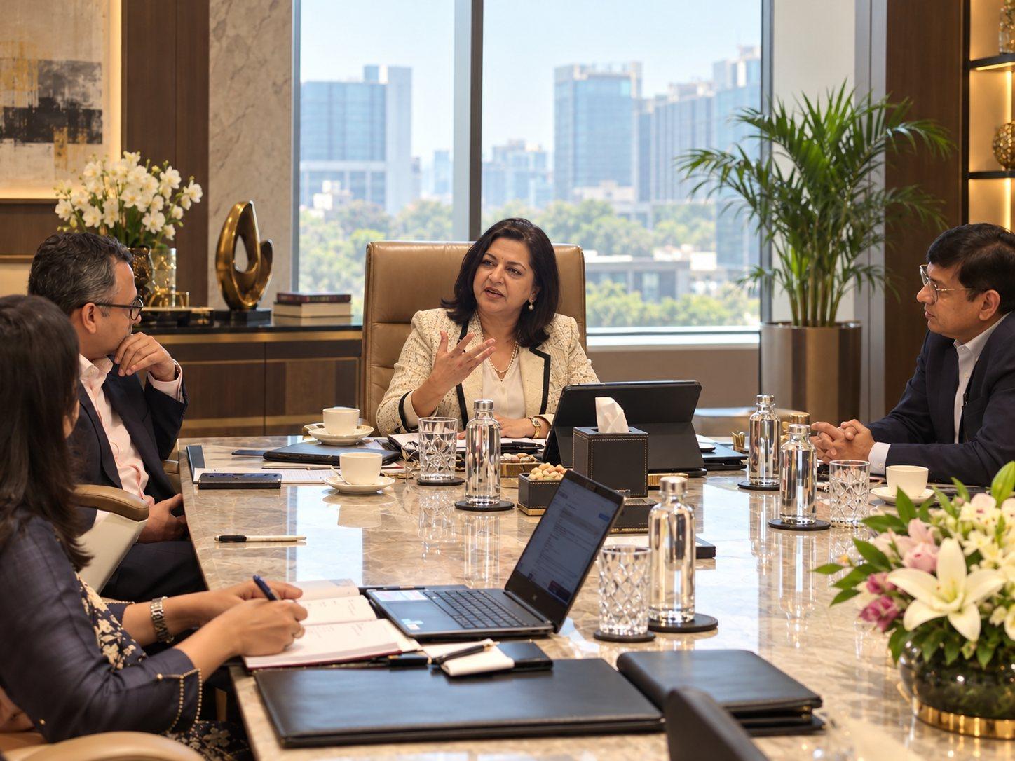 A woman at the head of a boardroom table speaks while her team listens.