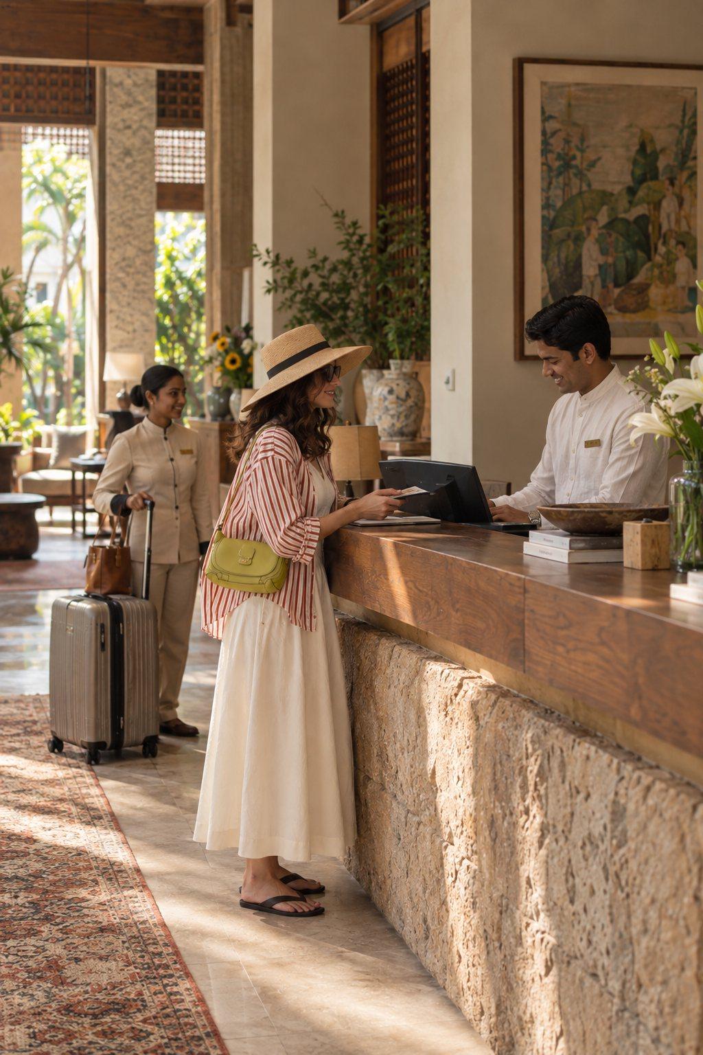 A woman travelling alone checks in at a hotel's front desk, at ease, as staff wait with her suitcase.