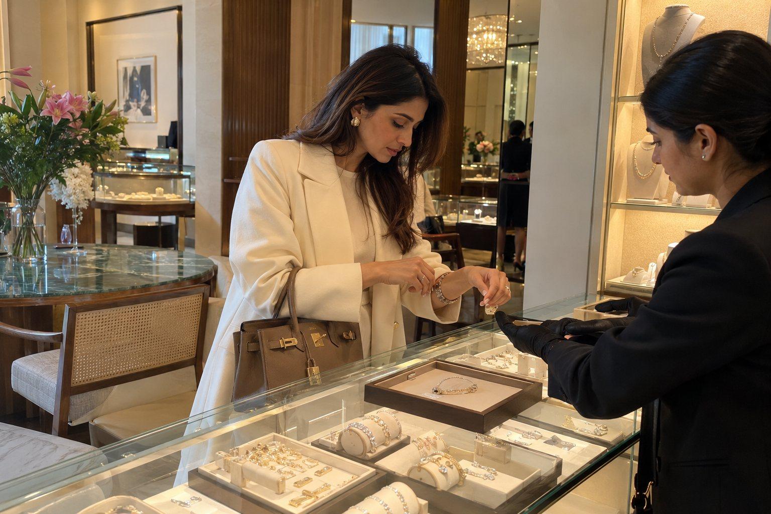 At a jeweller's counter, a woman tries on a diamond bracelet she is buying for herself.