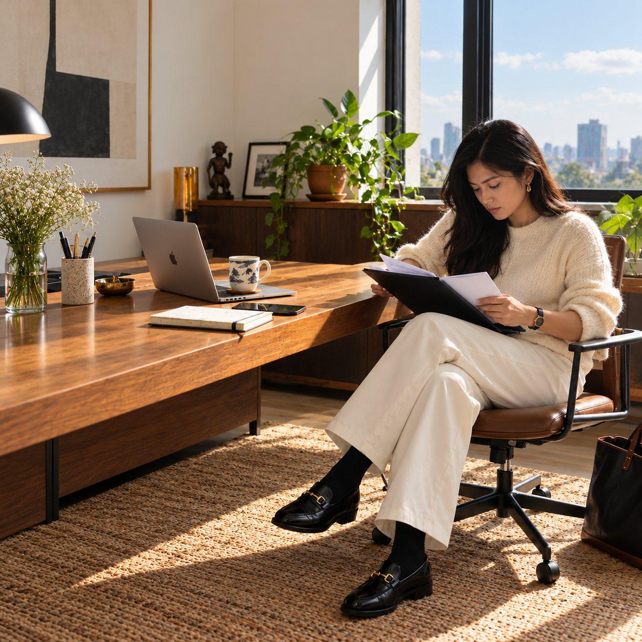 In a sunlit office, a woman sits back in her chair, absorbed in the papers in her hands.