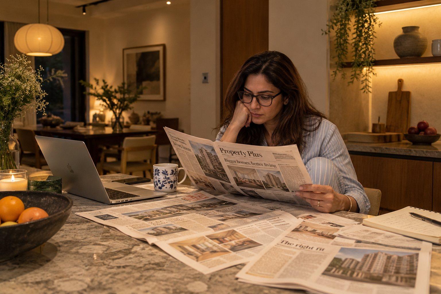 Late at night at her kitchen table, a woman reads the property pages, comparing homes on her own.
