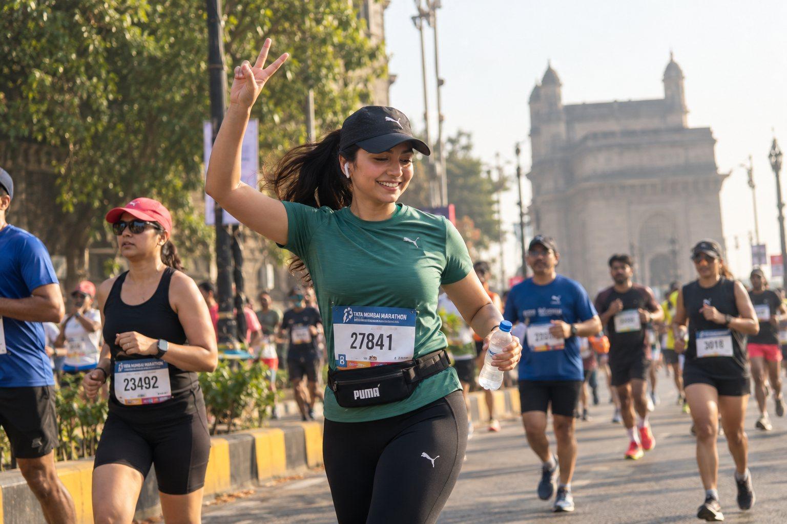 A smiling woman flashes a peace sign mid-race at the Tata Mumbai Marathon, the Gateway of India behind her.
