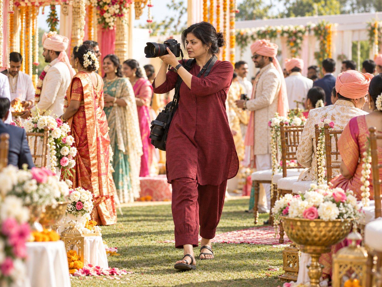 At a wedding, a woman photographer works the aisle, camera up, while the guests celebrate around her.