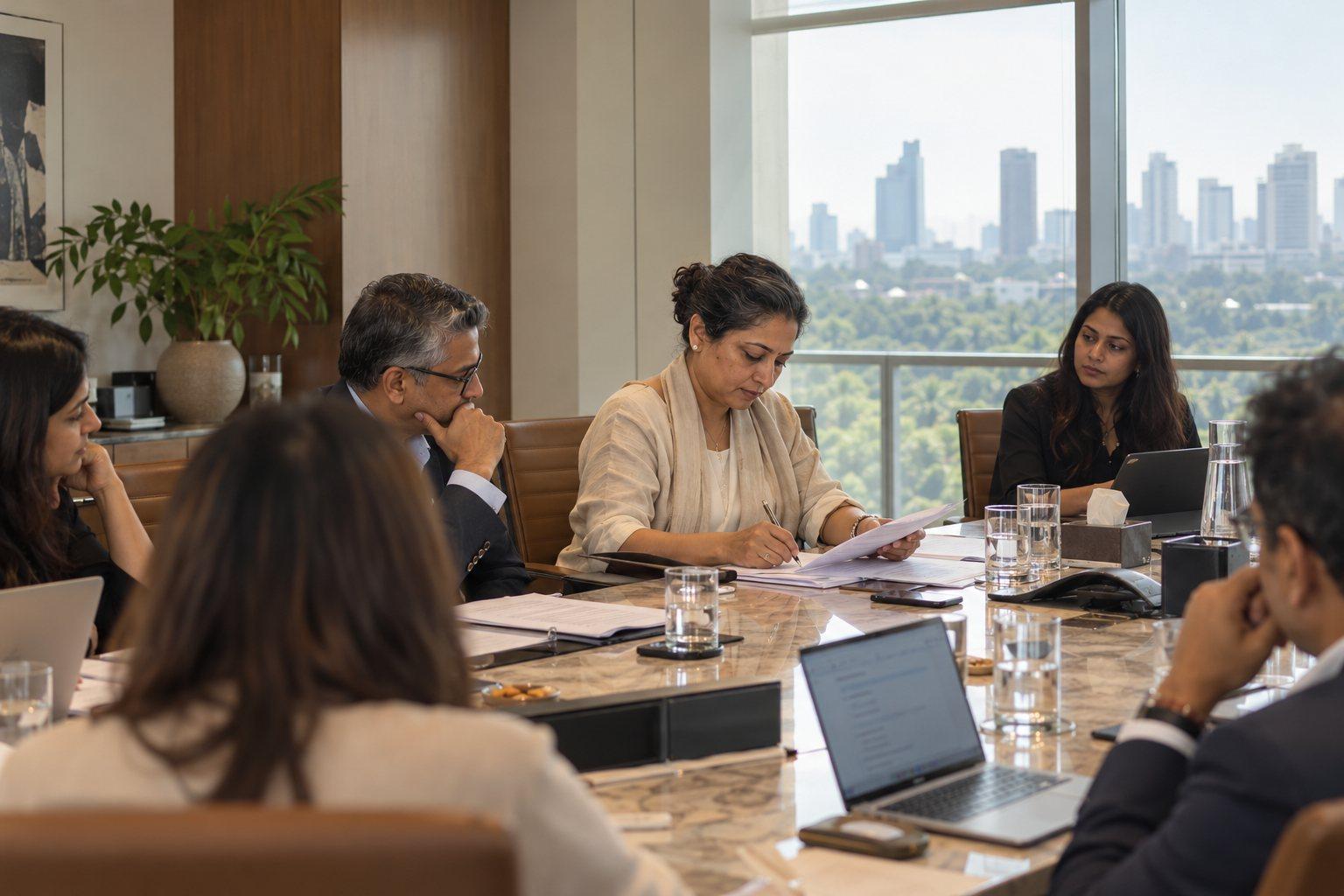 A woman reviews and signs papers at a boardroom table while her colleagues wait on her decision.
