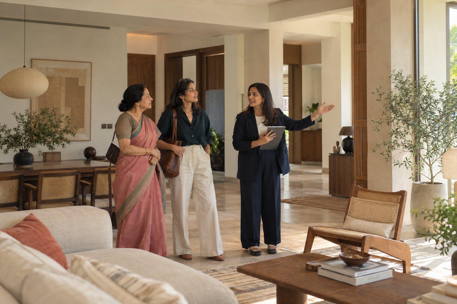 A woman and her mother are shown around a home by an agent, who talks to her, the buyer.