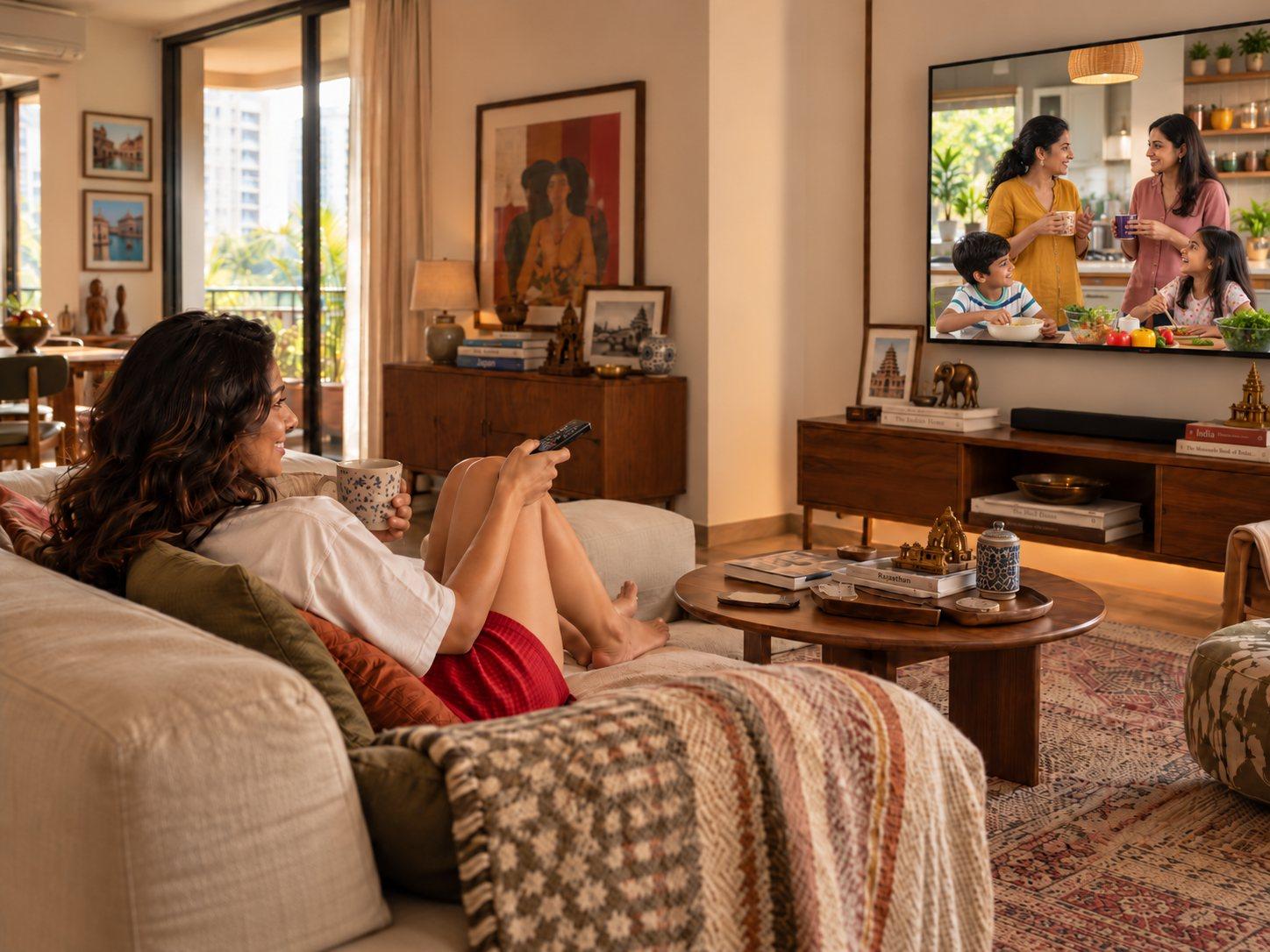 On her sofa, a woman watches a TV ad of a mother cooking for her family: the life ads still picture, not the one she lives.
